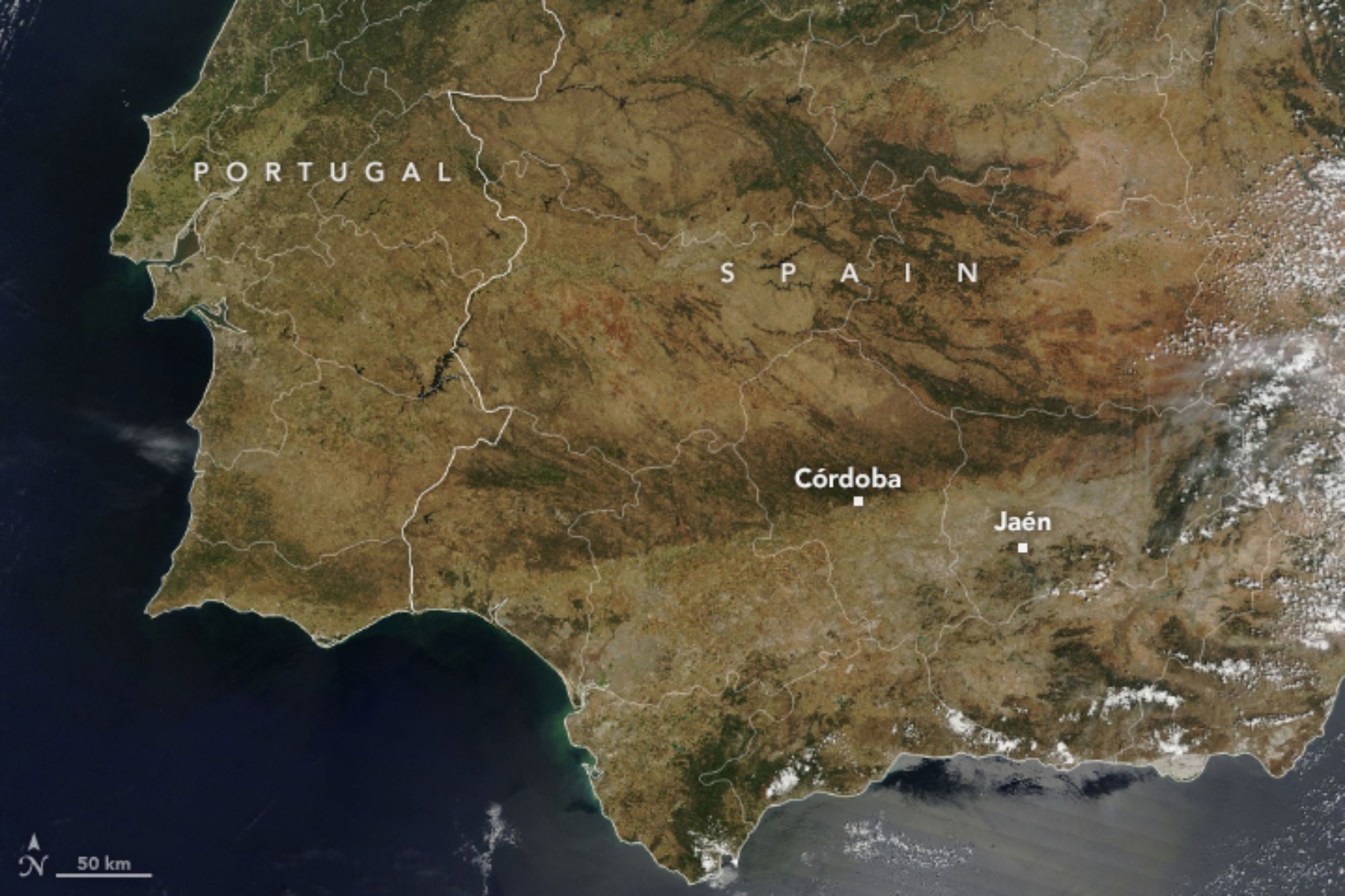 La foto de la NASA que muestra cómo la sequía ha teñido de marrón España. Foto: Twitter