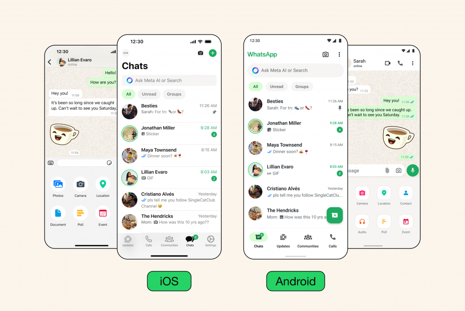 WhatsApp rediseña su interfaz con nuevos colores e iconos para dispositivos Android e iOS (Design at Meta)