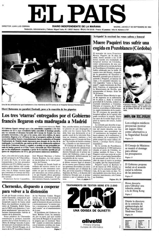 Sale a la venta una nueva edición del libro de Paquirri por el 40 aniversario de su muerte. Archivo de Portadas, hemeroteca El Pais. Muerte de Paquirri.