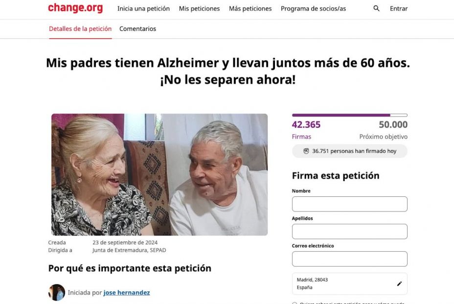 Campaña en Change.org para que no separen con alzhéimer tras 60 años juntos