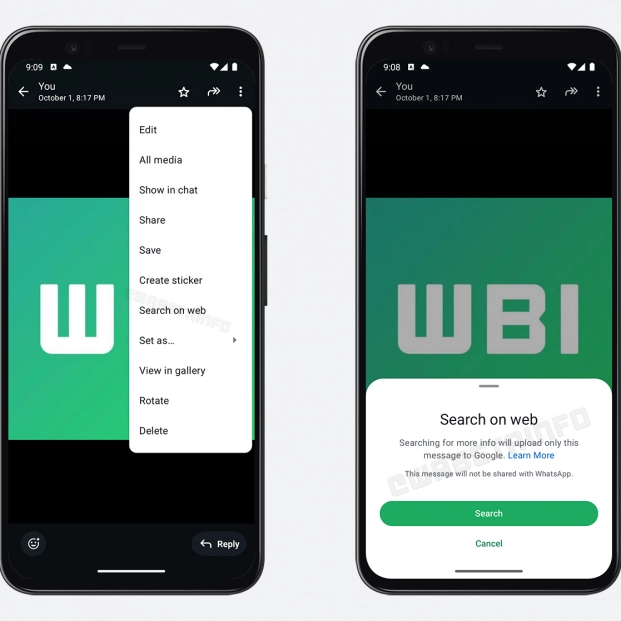 Nueva opción de buscar en Internet la imagen que nos hayan enviado por Whatsapp. Fuente: WaBetaInfo