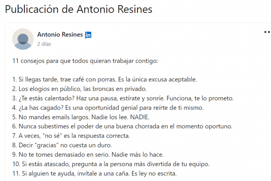 Antonio Resines publica 11 consejos en Linkedin