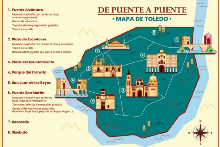 Mapa 'De puente a puente' sobre los puntos de interés navideños en Toledo. Fuente: Ayuntamiento de Toledo