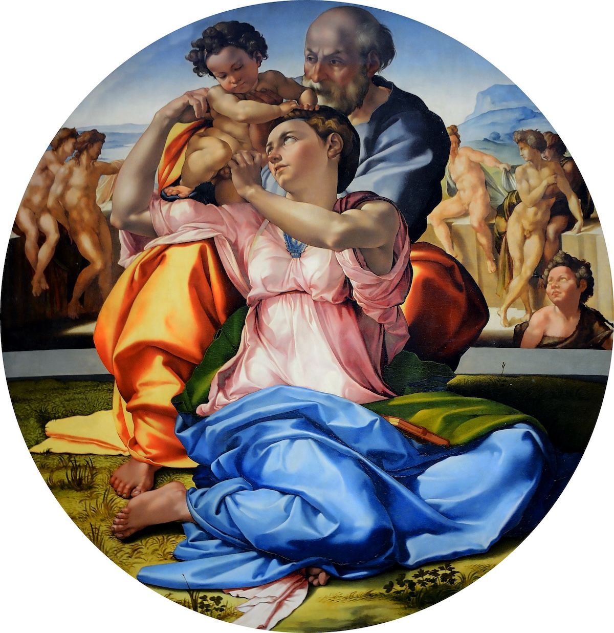 Tondo Doni, Miguel Ángel, 1506, 120 cm diámetro, Uffizi, Italia. Florencia