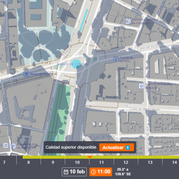 Captura de pantalla de 'ShadeMap' del día 10 de febrero a las 11:00 en la fuente de Cibeles (Madrid). Fuente: ShadeMap