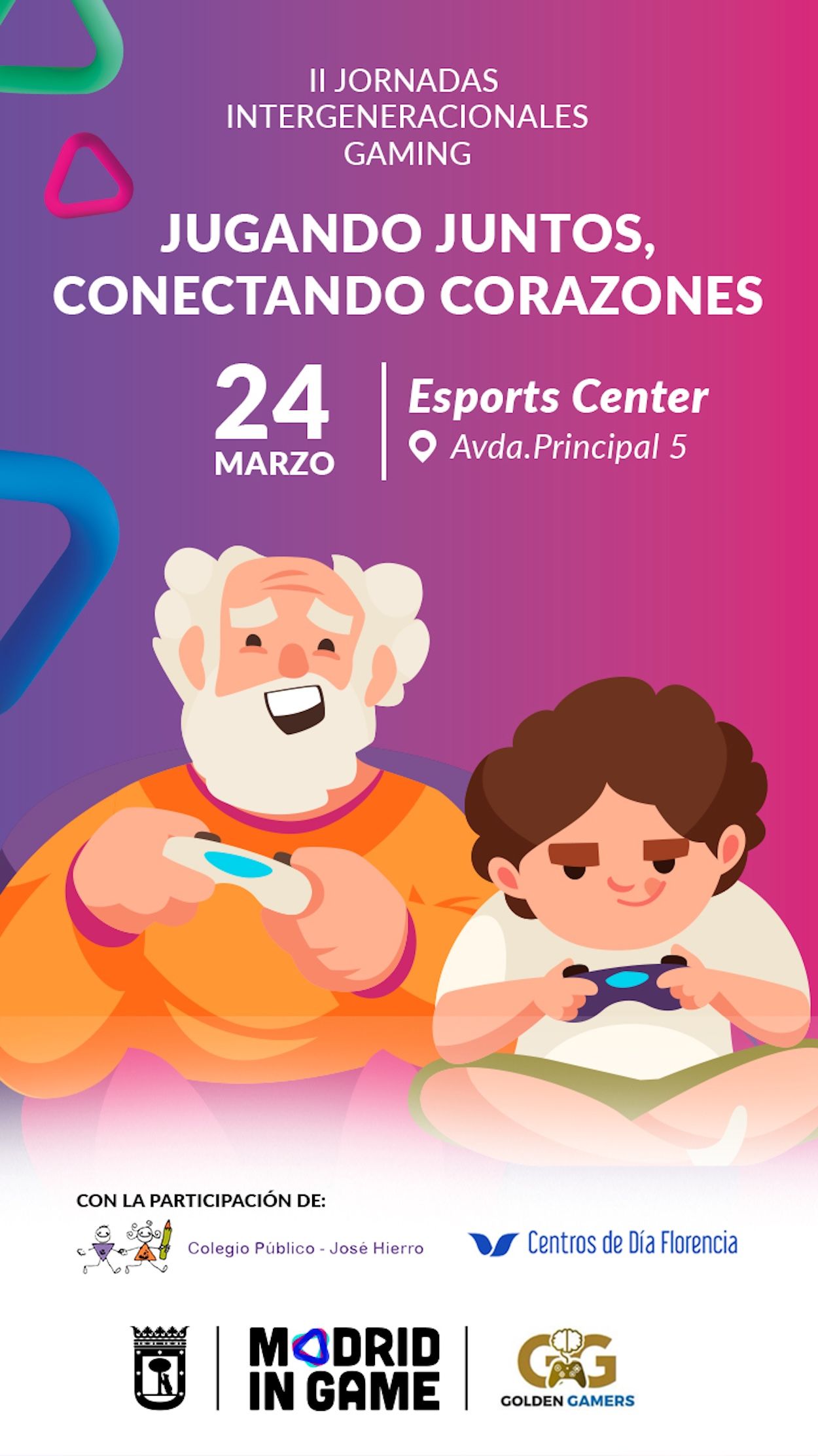 Personas mayores y niños se unen para jugar a videojuegos en Madrid